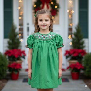 Emerald Green Smocked Christmas Santa Bishop Dress-Christmas Holiday Collections